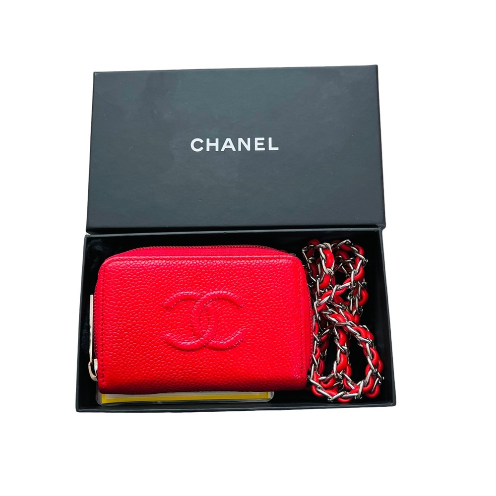 CHANEL CC Logo Red Caviar Card Holder on Chain